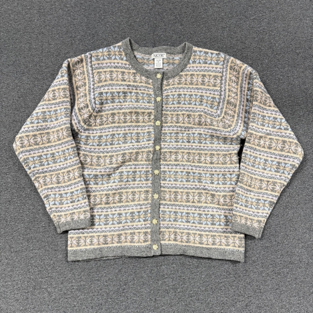 Vintage Skyr Cardigan Sweater Womens Medium Gray Fair Isle Wool Good Knit